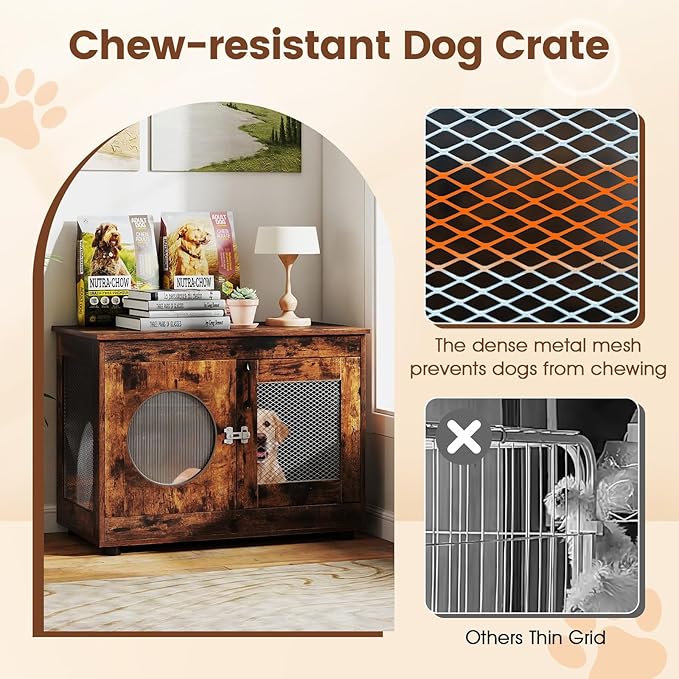 Tangkula Dog Cage Furniture, Chew-Proof Wooden Dog Crate with Metal Mesh Side Wall, Lockable Door, Translucent Window, Industrial Pet Kennel Indoor Furniture for Small & Medium Dogs (Rustic Brown)