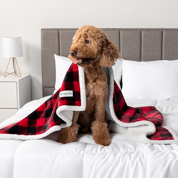 PetAmi Waterproof Dog Blanket for Medium Large XL Dog Puppy Cat Throw for Couch Cover Leakproof Protection, Sherpa Fleece, Reversible Soft Washable 80x60 Checker Plaid Red