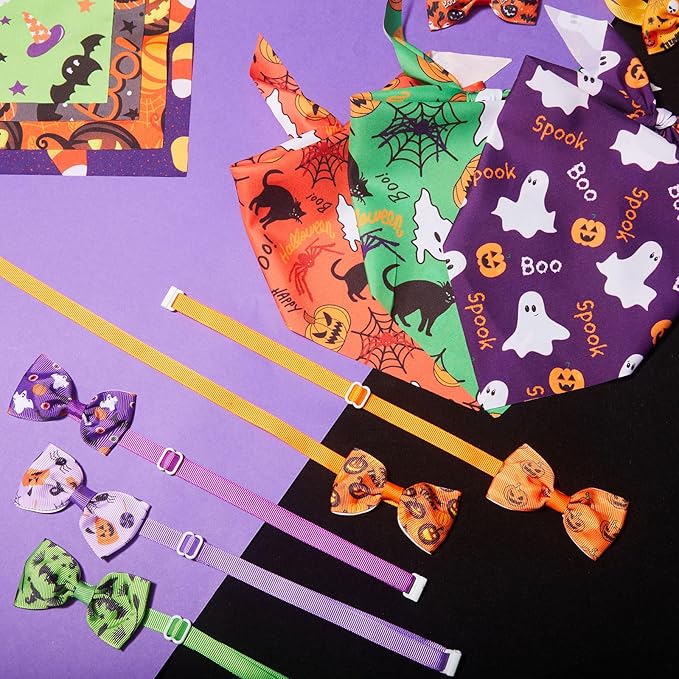 Sanwuta 50 Pcs Halloween Dog Bandanas and Collar Bow Ties Set 25 Bandanas Bulk 25 Charm Dog Collar Pet Pumpkin Triangle Pet Scarf Bowtie for Small Medium Large