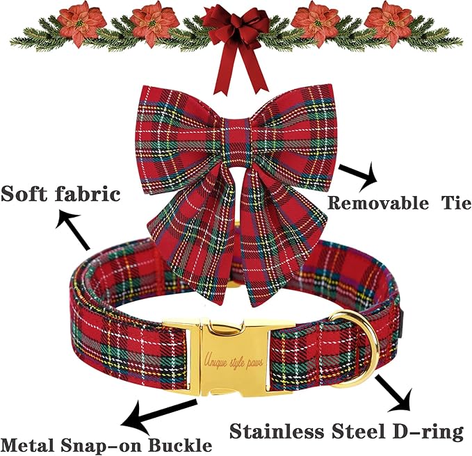 Unique style paws Christmas Dog Collar with Bow Tie Scottish Plaid Puppy Collar for Small Medium Large Dogs as Holiday Autumn Winter Gifts-M