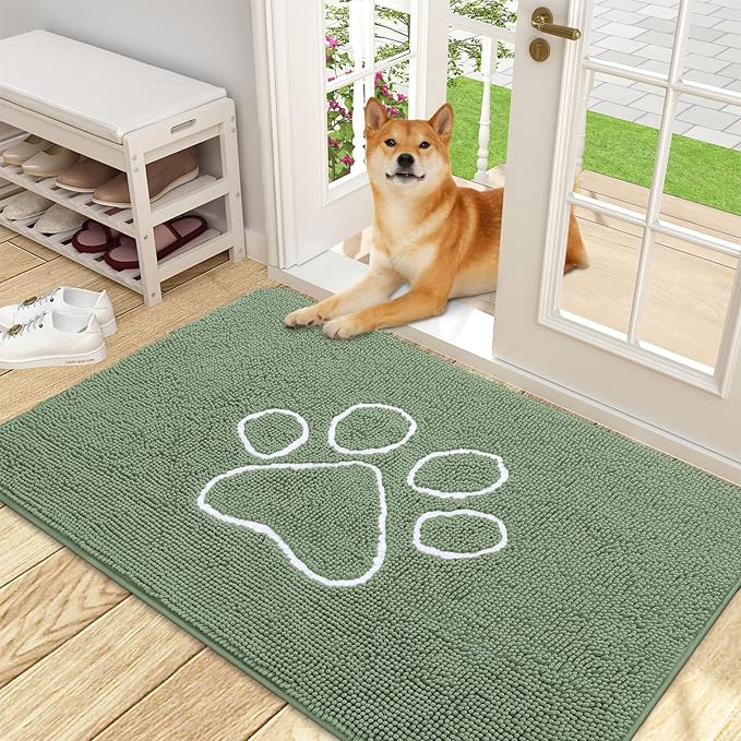 OLANLY Dog Door Mat for Muddy Paws 48x30, Paw Print Design, Absorbs Moisture and Dirt, Non-Slip Washable Doormat, Quick Dry Chenille Mud Mat, Entry Indoor Entryway Carpet, Olive Green and White