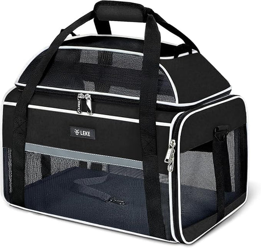 Lekereise Top-Expandable Pet Carrier - TSA Airline Approved Soft Sided Underseat Up to 12lbs Travel Carriers for Small Cats and Dogs with Locking Safety Zippers Anti-Scratch Mesh Black