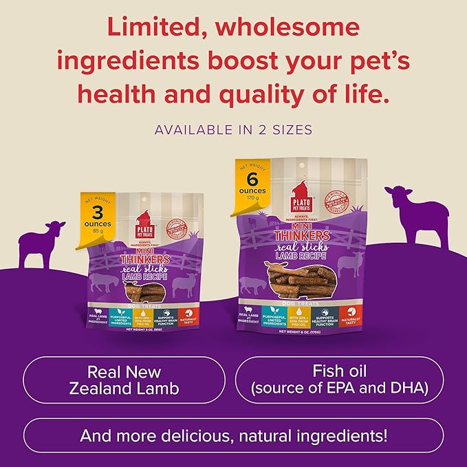 Plato Pet Treats Thinkers - Meat Stick Treats for Dogs - Limited Ingredient Dog Treats with EPA and DHA to Support Skin, Coat, and Brain - Air-Dried Dog Treats - Mini Thinkers Lamb 3oz