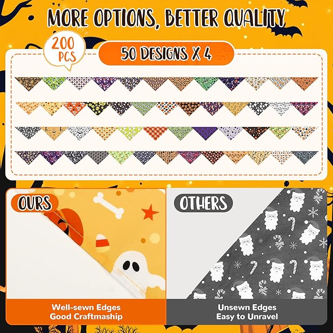 200 Pcs Halloween Dog Bandanas Bulk Fall Pet Scarves Autumn Adjustable Bibs for X-M-L Dogs Washable Holiday Puppy Kerchief for Groomers Shelters