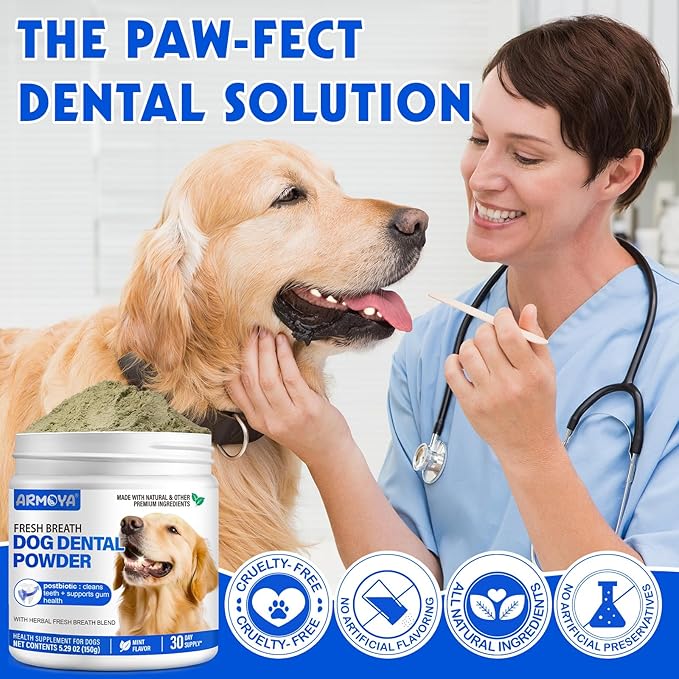 Dog Teeth Cleaning Powder - Dental Powder for Dogs Teeth - Plaque Removal - Supports Gum Health - Tartar Remover with Natural Herb Blend and Postbiotics 30 Day Supply - Mint Flavor
