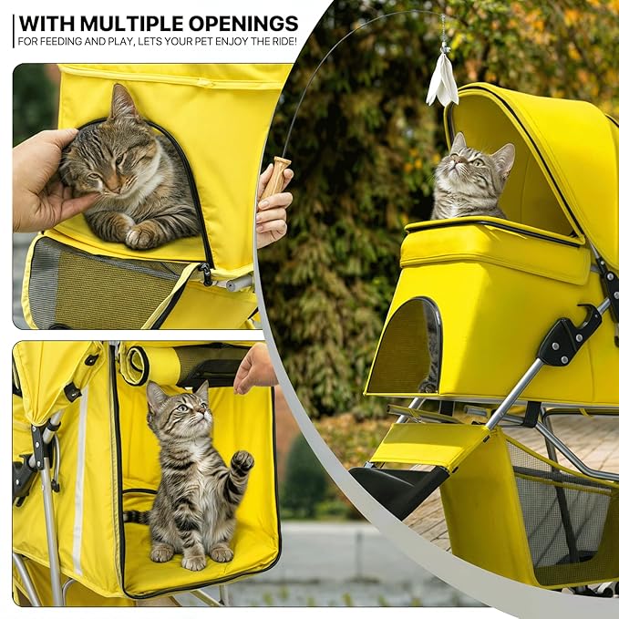 MoNiBloom Foldable Pet Stroller with Waterproof Cover, 3-Wheels Dog Strolling Cart for Small/Medium Dogs and Cats with Storage Basket and Cup Holder, Breathable and Visible Mesh for All-Season, Yellow