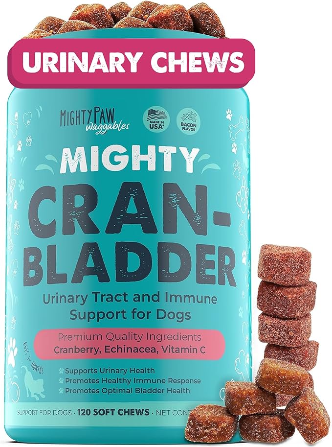 Mighty Paw Waggables Cran-Bladder (Made in The USA) | Vet Formulated Cranberry Supplement for Dogs – Cranberry Chews for Dogs, Urinary Tract & Bladder Support, Bacon Flavored, 120 Soft Chews