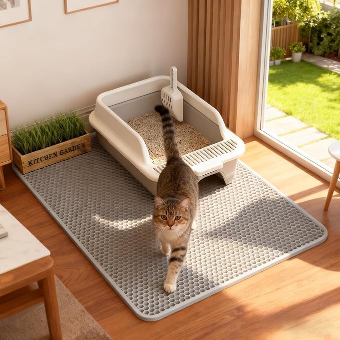 Cat Litter Mat Cat Litter Trapping Mat, 20 x 16 inch Honeycomb Double Layer Design, Urine and Water Proof Material, Scatter Control, Less Waste, Easier to Clean, Washable Gray