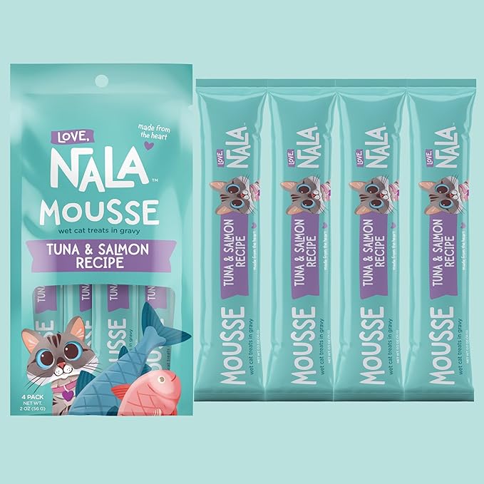 LOVE, NALA - Natural Lickable Cat Squeeze Up Treat,Topper - Tuna & Salmon Mousse - Wet Food Cat Puree - Grain Free, Non-GMO, Minerals, Vitamins - 4 Pack 2 oz.