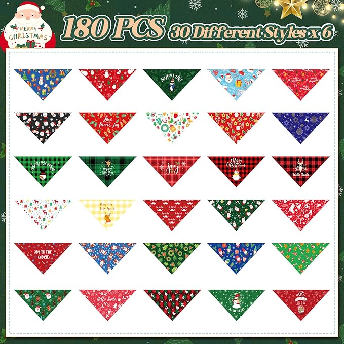 Sanwuta 180 Pieces Christmas Dog Bandanas Bulk Xmas Dog Bibs Holiday Pet Costume Christmas Outfit Triangle Scarf Kerchief for Small to Medium Pet