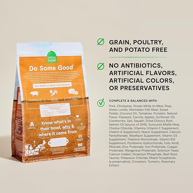 Open Farm, Grain-Free Dry Dog Food, Complete & Balanced Kibble, Sustainably & Ethically Sourced Ingredients, Non-GMO Veggies & Superfoods to Support Overall Health, Pork Recipe, 11lb Bag