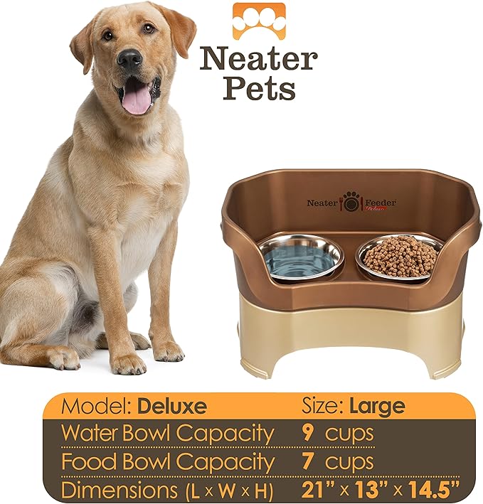 Neater Pet Brands Neater Feeder Deluxe Mess Proof Dog Bowls Elevated for Large Dogs Over 40 lbs, Made in USA, No Spill Raised Dog Food Bowl Stand Feeding Station, Food and Water Bowl Set, Bronze