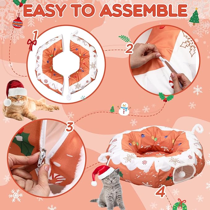 Aliceset Christmas Gingerbread Man Cat Tunnel Bed for Indoor Cats 3ft x 3ft x 10in Foldable Cat Donut Tunnel with Washable Cushion Gingerbread Man Pet Peekaboo Cave Toy for Small Kitten Kitty