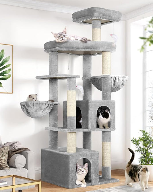 Globlazer Sturdy Cat Tree, 68-inch Large Cat Tower for Indoor Adult Cats 20 lbs Heavy Duty Cat Tree for Big Cats with Extra Large Platform, 5 Scratching Post, S68, Cloud Grey