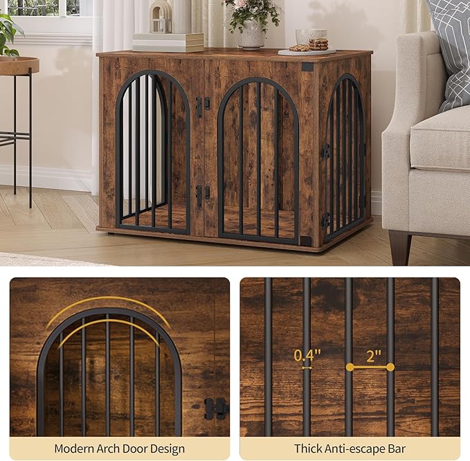 31.5'' Wooden Dog Crate Furniture, Indoor Dog Kennel Dogs Cage for Small/Medium Dogs, Heavy Duty Dog Crates Decorative Pet House End Side Table TV Stand, Rustic Brown DFC85101B