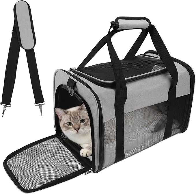 Pet Carrier, Breathable Mesh Design, Soft Cat Carrier with Shoulder Strap, Comfortable Travel Solution, Grey