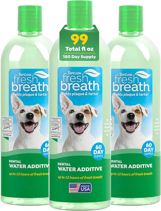 TropiClean Fresh Breath Water Additive for Dogs, Dog Breath Freshener & Teeth Cleaning Solution, No Toothpaste or Toothbrush Required, 33.8oz, 3 Pack