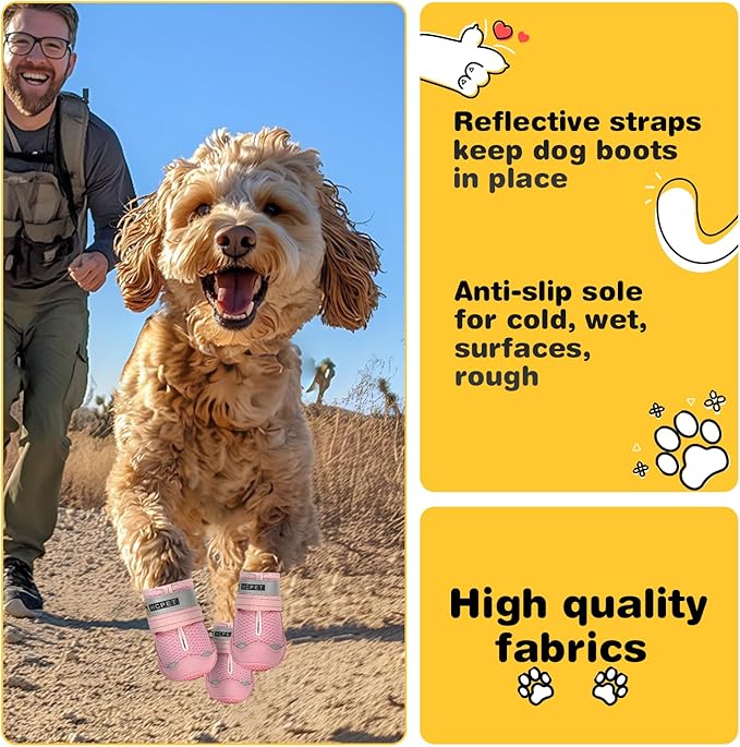 Hcpet Dog Shoes for Large Dogs, Breathable Dog Booties for Small Medium Dogs, Anti-Slip Dog Boots & Paw Protectors for Hot Pavement Winter Snow Hiking with Reflective Straps Pink Size 3
