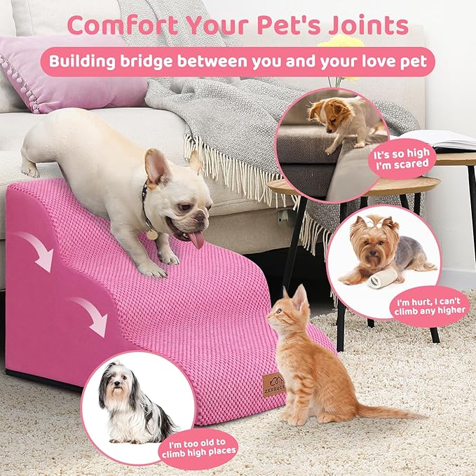 Dog Ramp and Stair for Bed 16" H-20 H,3-Step Cat Stair for Sofa and Chair,4-Step Dog Ramp for High Bed and Window,Durable Nonslip Fabric Cover for Indoor (Pink-20 H, Pet Friendly, 4)