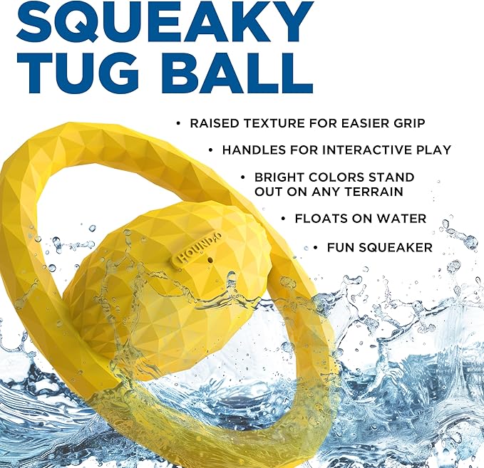 Playology Hound2O Dog Toys | Squeaky Tug Ball Toy for Tug of War | Yellow Floating Outdoor Toy - Easy to Clean and Made from Non Toxic Materials