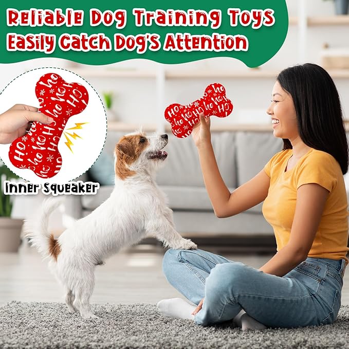 6 Pack Christmas Dog Squeaky Bone Toys Plush Interactive Dog Pets Birthday Bone Shape Stuffed Chew Toys for Puppy Small Medium Large Squeak Toss Play