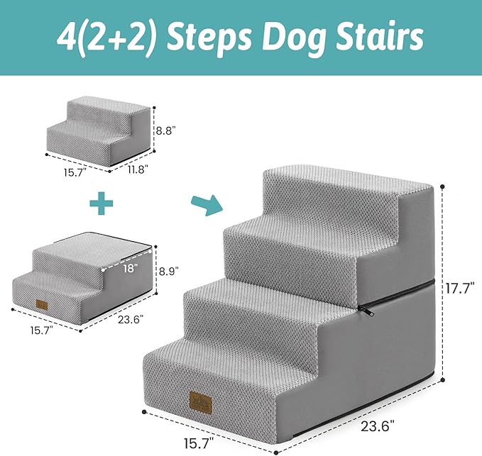 Dog Stairs for Small Dogs, 4 Tier Removable Pet Stairs for Couch and Bed, 17.7" H Dog Steps for Old Cats, Puppy, Small Dogs, 15.7x23.6x17.7 inch, Gray