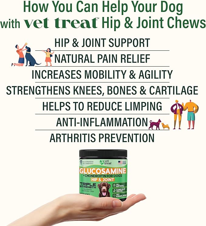 Glucosamine for Dogs – Hip & Joint Supplement with Chondroitin, MSM, Turmeric, Hemp Oil & Green Lipped Mussel – Arthritis Pain Relief, Mobility Support – Vet Formulated, USA – 120 Chews
