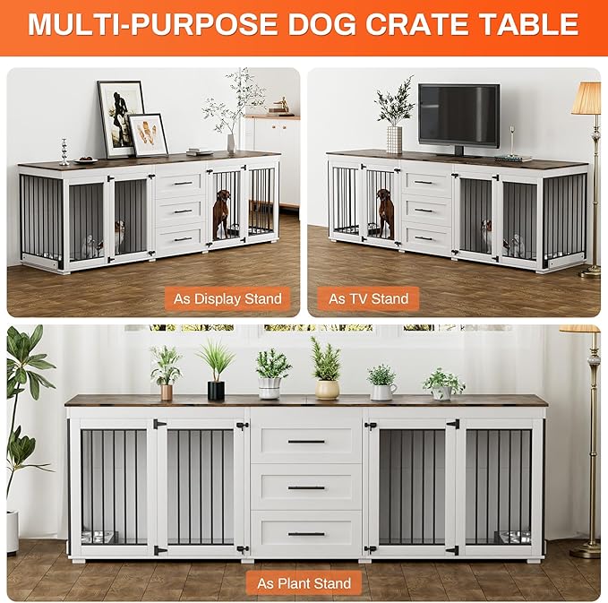 Rophefx 94.5" Dog Crate Furniture for 2 Dogs, Large Dog Kennel Furniture with 3 Storage Drawer, Wooden Dog Cage with 4 Bowls, Indoor Dog House TV Stand with Locks for Large Medium Dog, White Brown