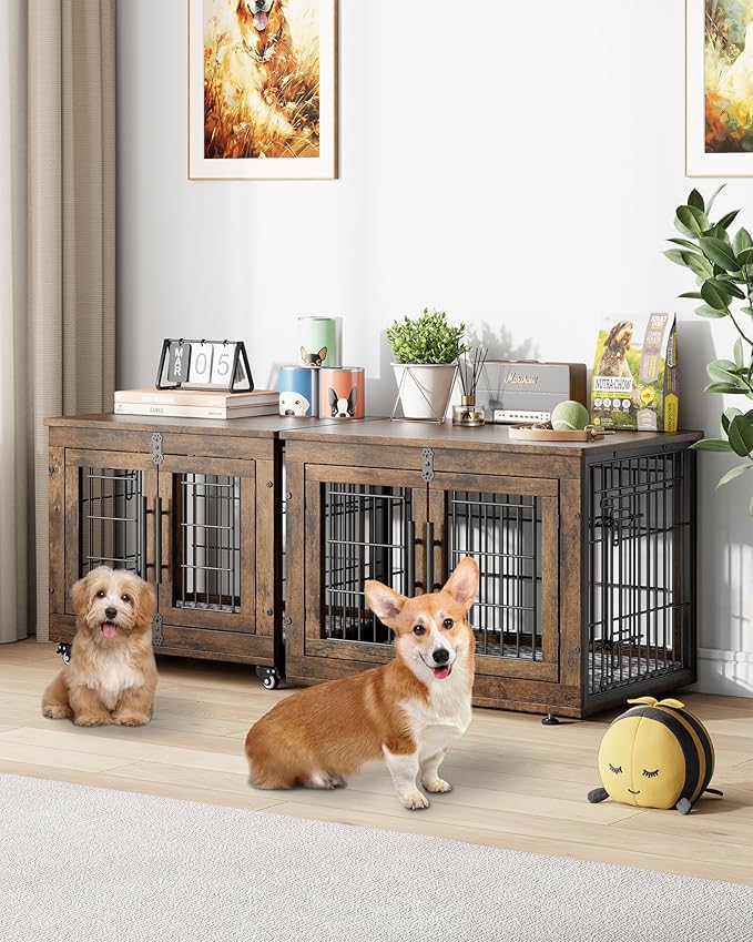 Dog Crate Furniture with Cushion, Wooden Dog Kennel Indoor with Double Doors, Dog Cage with Wheels, Dog House Side End Table for Small Dogs up to 30 lb, 27.2" L, Rustic Brown