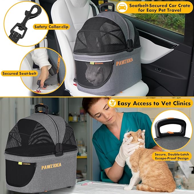 PAWZIDEA Double Pet Stroller with 2 Detachable Carriers, Portable Dog Crate for Car Travel & TSA-Approved Expandable Cat Carrier, Foldable Lightweight Jogger Stroller for 2–4 Cats or Small/Medium Dogs