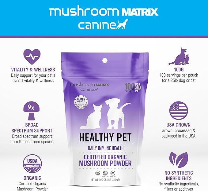 Om Mushroom Matrix Pet - Canine | Healthy Pet | USA Grown Human-Grade Organic Mushroom Powder Pet Supplement | Daily Functional Immune Support for Dogs & Cats | 100 Grams, 3.5 oz