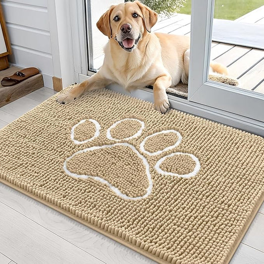 OLANLY Dog Door Mat for Muddy Paws 36x24, Paw Print Design, Absorbs Moisture and Dirt, Absorbent Non-Slip Washable Doormat, Quick Dry Chenille Mud Mat for Dogs, Entry Indoor Entryway Carpet, Beige