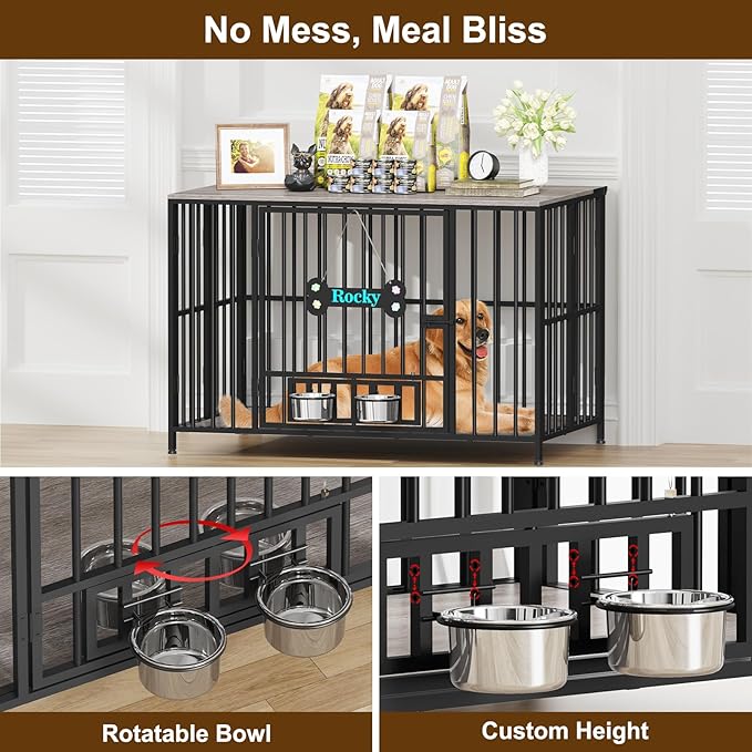 Easycom 43" Dog Crate Furniture Foldable, No Assembly Decorative Dog Kennel Indoor, XL Dog Crates for Large Dogs (60-80 lbs), Wooden Dog Cage with Adjustable Bowls and Name Tag, Oak Grey