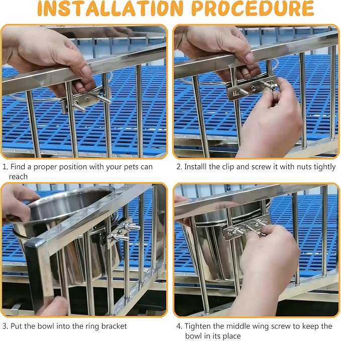 Water Bowl for Dog Crate, ShineMe Stainless Steel Pet Food Bowls for Kennel Cage No Spill, Attachable Dog Crate Bowls Hanging 2 Pack for Medium and Small Sized Dogs (5.5 x 2.9” & 4.9 x 3.3”)