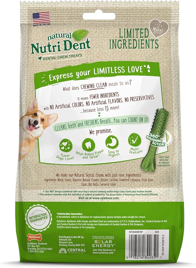 Nylabone Nutri Dent Natural Dental Chews for Dogs, Limited Ingredient Dog Treats Made in the USA, Clean Teeth & Fresh Breath, Healthy Dog Chews, Fresh Breath Flavor, For X-Small Dogs, (78 Count)