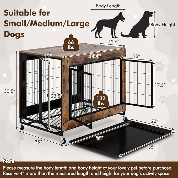 Giantex Dog Crate Furniture with Wheels, 38” Modern Dog Cage with 3 Doors, Flip Top Lid, Removable Pull-Out Tray, Decorative Dog Kennel Indoor Pet House End Table for Medium & Large Dogs (Brown)
