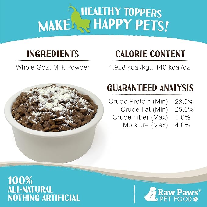 Raw Paws Boost Pet Food Topper Whole Goat Milk Powder, 3.1-oz - Made in USA, Dog Food Toppers for Dry Food - Cat Food Toppers, Dog Food Topper Powder, Dog Food Flavor Topper, Goat Milk Gravy for Cats