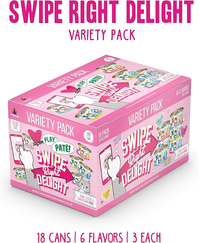 Weruva B.F.F. Play - Best Feline Friend Paté Lovers, Aw Yeah!, Swipe Right Delight Grain-Free Natural Wet Cat Food Variety Pack, 2.8oz Can (Pack of 18)