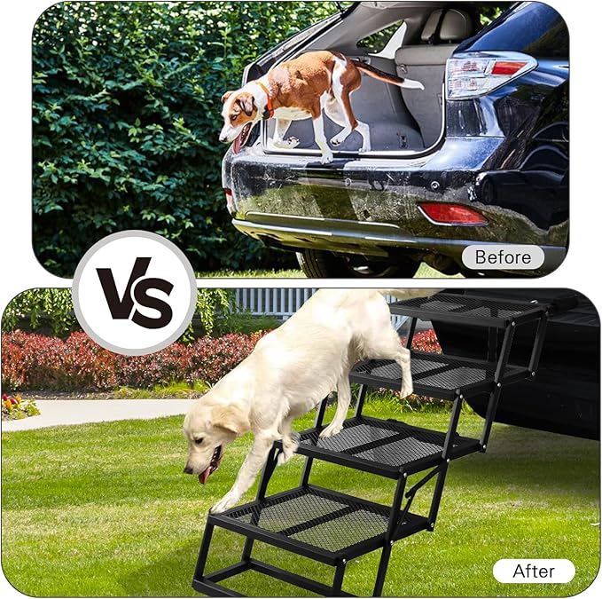 DGSL Dog Ramp for Car, Extra Wide 4 Steps Dog Stairs for Truck, Folding Steps for Dogs with Non-Slip Surface, Pet Loader Dog Steps for Large Dog, SUV, Side Door and Bed (Mesh, 16.9In-4 Steps)