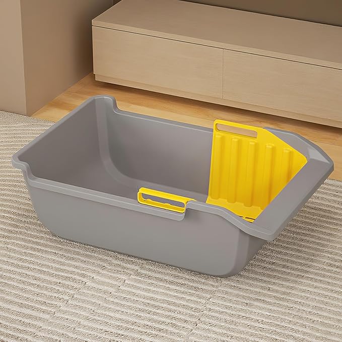 SpaceTime Extra Large Cat Litter Box with High Sides,Jumbo Open Top Kitty Litter Pan for Indoor Cats,XL Cat Boxes with Integrated Sifting Litter Scoop,Ideal for Kittens & Big Cats,Easy to Clean(Grey)