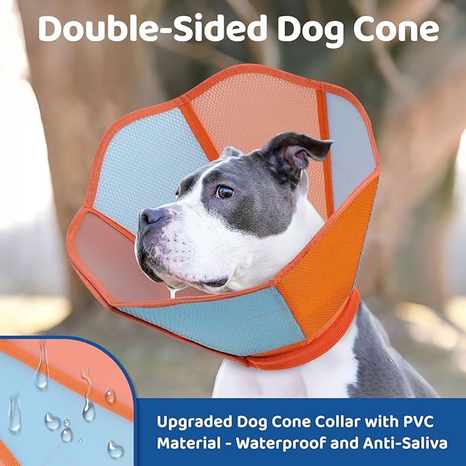 SUNFURA Dog Cone - Soft Cone for Dogs to Stop Licking, Pet E-Collar Alternative After Surgery, Adjustable Pet Recovery Collar for Wound Healing, Orange Blue Small