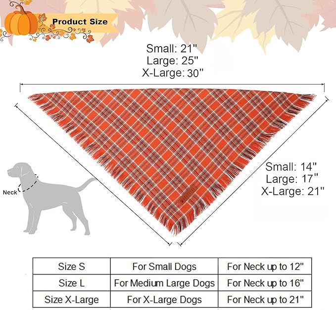 ADOGGYGO Fall Dog Bandanas with Tassels Edges, Stylish Plaid Thanksgiving Halloween Scarf Bib, Orange Plaid Fall Bandanas for Small Dogs (Small)