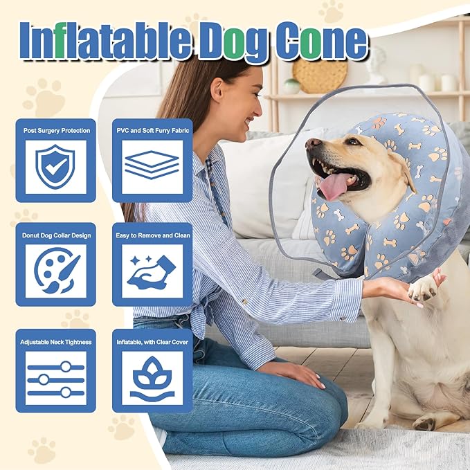Dog Cone, Inflatable Dog Cone for Small, Medium, and Large Dogs, Soft Cone for Dogs After Surgery with Adjustable Buckle, Adjustable Soft Recovery Collar with Detachable Cove