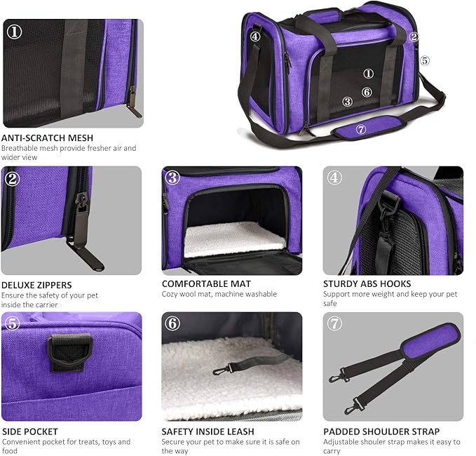 Henkelion Pet Carrier for Small Medium Cats Dogs Puppies up to 15 Lbs, Airline Approved Small Dog Carrier Soft Sided, Collapsible Travel Puppy Carrier - Purple