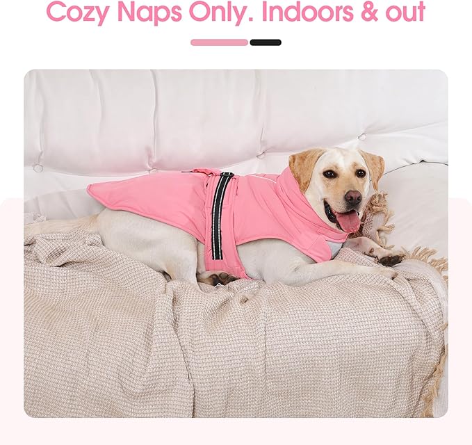 XL Dog Coat, Warm Dog Winter Jacket, Waterproof Dogs Snowsuit with Foldable High Collar, Reflective Strips, Leash Hole, and Adjustable Hook & Loop Closure - Ideal for Cold Weather - Pink XL