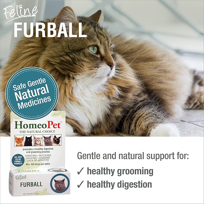 HomeoPet Feline Furball, Safe and Natural Hairball Supplement for Cats, Cat Hairball Relief, 15 Milliliters