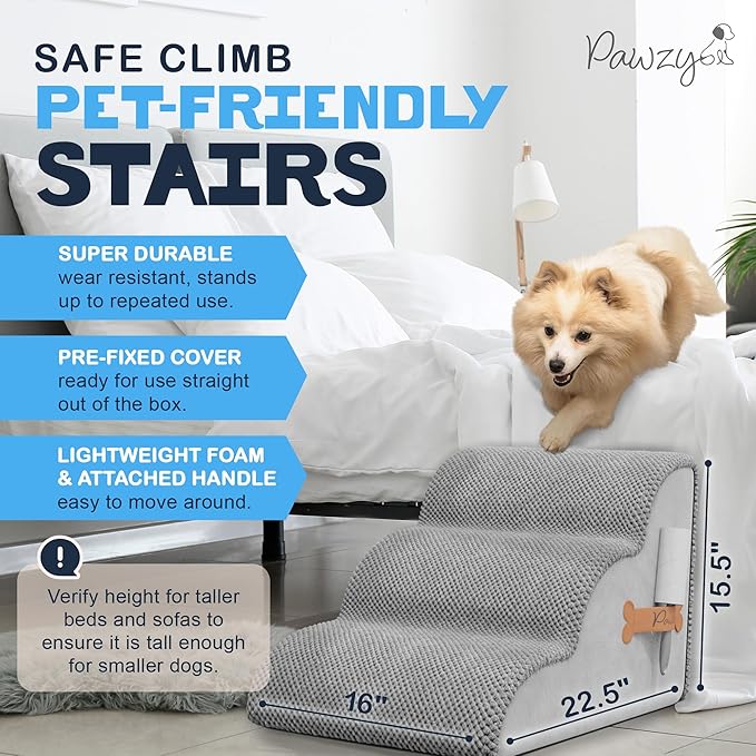 PAWZY Foam Pet Stairs for Small Dogs & Cats – 3-Step Dog Ramp 15.5” High, Wide Non-Slip Steps for Bed & Couch – Washable Pre-Fitted Cover (no Assembly Required), Waterproof Base – Grey