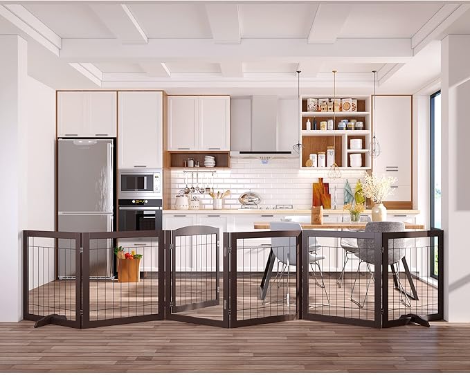 Vantas Folding Pet Gate 144" Wide, 30" Tall No-Assembly Wooden Dog Gate with Door Walk Through, Freestanding Wire Pet Gate, Pet Puppy Safety Fence, with 2PCS Support – Espresso