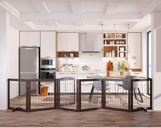 Vantas Folding Pet Gate 144" Wide, 30" Tall No-Assembly Wooden Dog Gate with Door Walk Through, Freestanding Wire Pet Gate, Pet Puppy Safety Fence, with 2PCS Support – Espresso