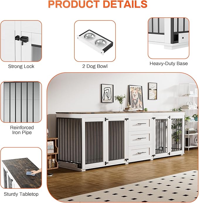 Rophefx 94.5" Dog Crate Furniture for 2 Dogs, Large Dog Kennel Furniture with 3 Storage Drawer, Wooden Dog Cage with 4 Bowls, Indoor Dog House TV Stand with Locks for Large Medium Dog, White Brown